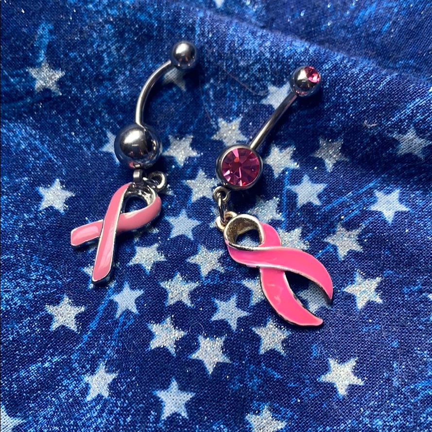2 Pink Ribbon Charm Belly Rings